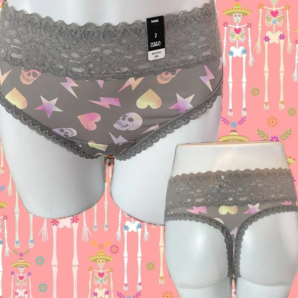 Torrid 1 Gray Electric Skull-Heart Graphc Scallop Lace Waistband Thong Panties - Picture 1 of 5